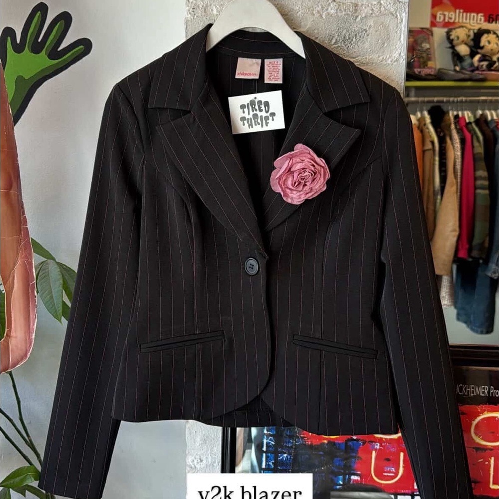 Black & Pink Pinstripe Blazer with Pink Flower Accent